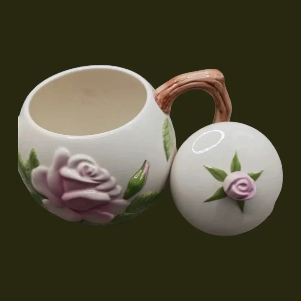Teleflora rose ceramic teapot white pink color